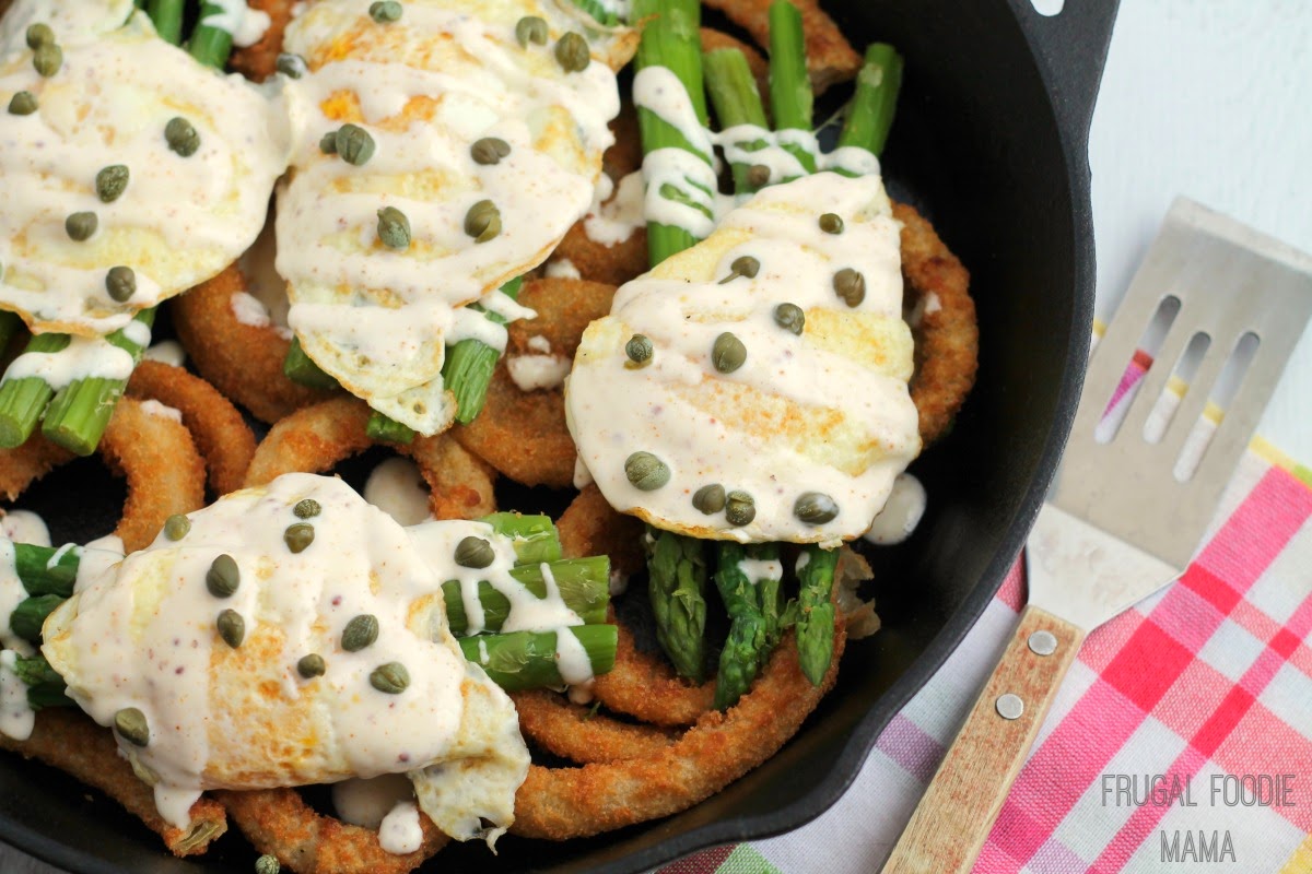 Frugal Foodie Mama Easy Eggs Benedict with Crispy Onion Rings