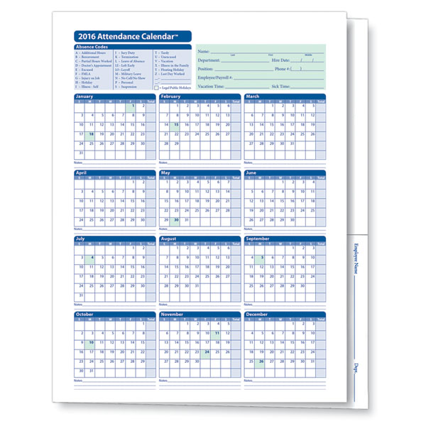 Monthly 2016 Calendar for Workers Attendance , download free 2016 Calendar for employee attandance, attendance 2016 calendar, 2016 Office attendance calendar