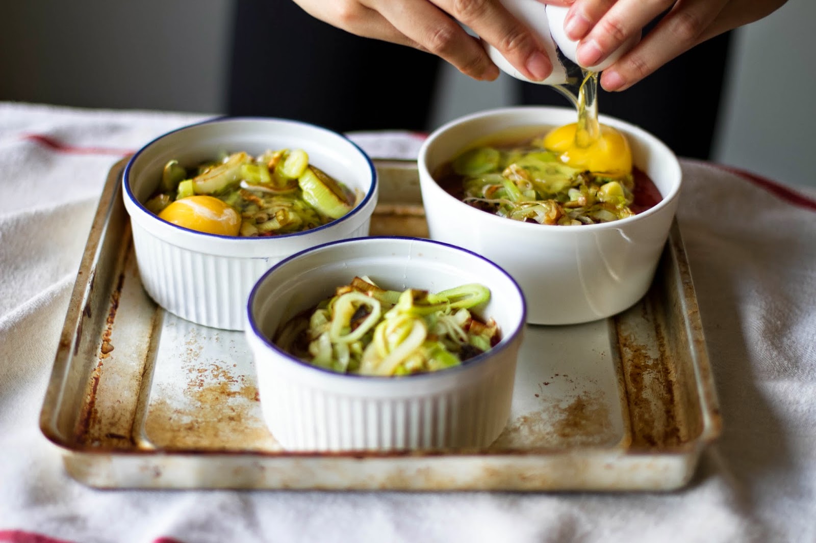 Buttered Up Baked Eggs in Stewed Tomatoes with Caramelized Leeks