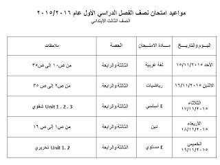 جداول امتحانات الميد ترم الأول 2016 كل الفرق المنهاج المصري