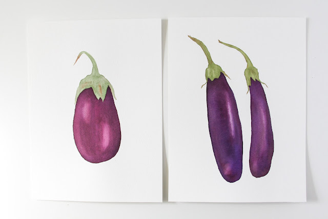 watercolor eggplants, watercolor vegetables, painted eggplants, painted vegetables, Anne Butera, My Giant Strawberry