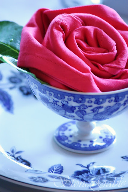 Hot Pink Rosette Napkins were featured on a StoneGable tablescape this 