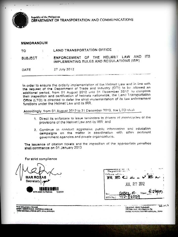 Coolworld Biyahe ATBP LTO Helmet Law Memorandum...Download, Print and