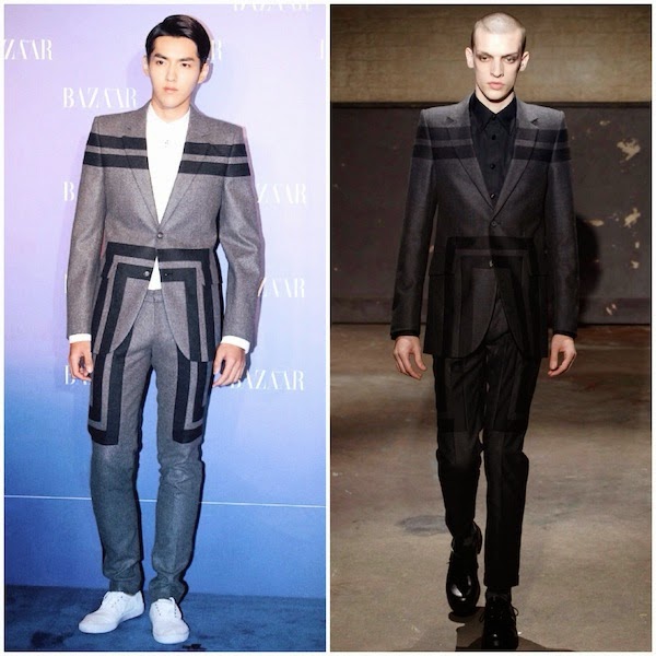 Kris Wu Yifan 吴亦凡 wears Alexander McQueen Fall Winter 2014 geometric patchwork suit to Harpers Bazaar Charity Night 19th September 2014 Beijing