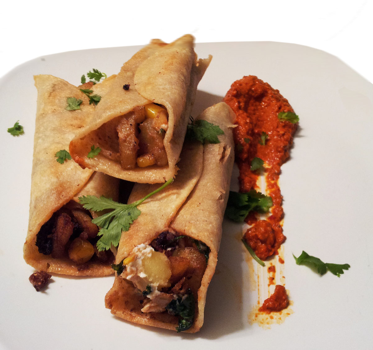 A Profound Hatred of Meat Potato & Corn Flautas with Red Pepper Tapenade