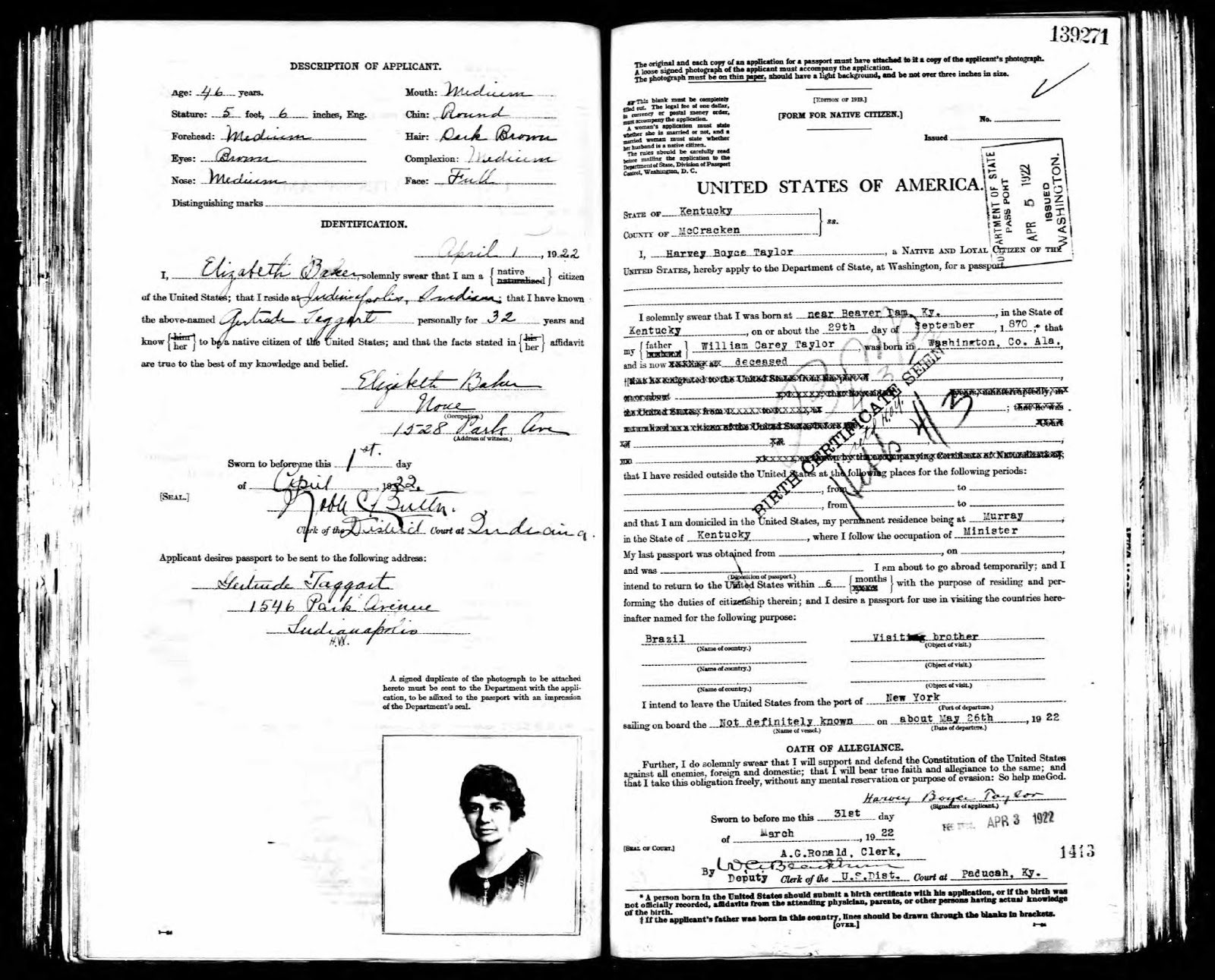 Ohio County, Kentucky History Passport Application Harvey Boyce