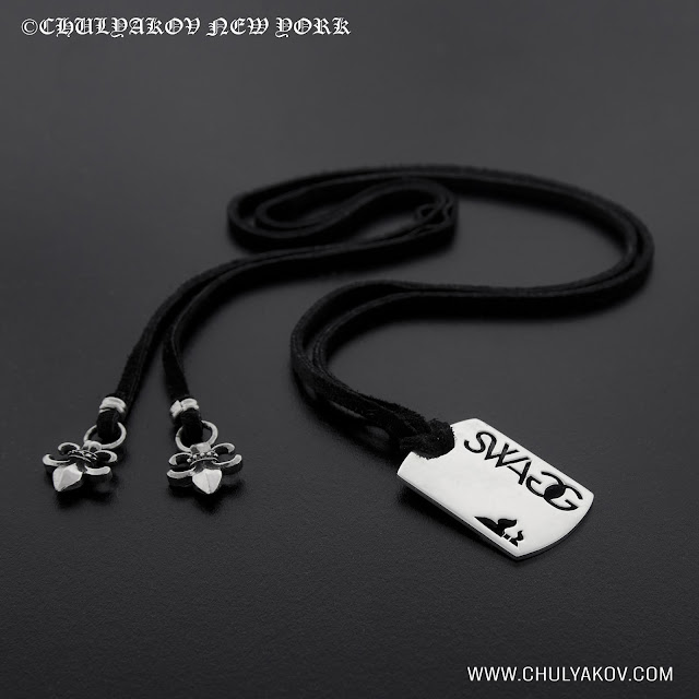 Mini 925 Sterling Silver Dog Tag Pendant SWAGG on the Leather Cord.