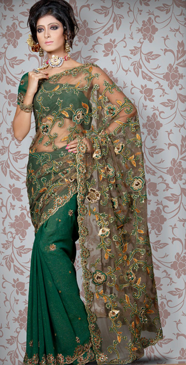 Bottle Green Saree