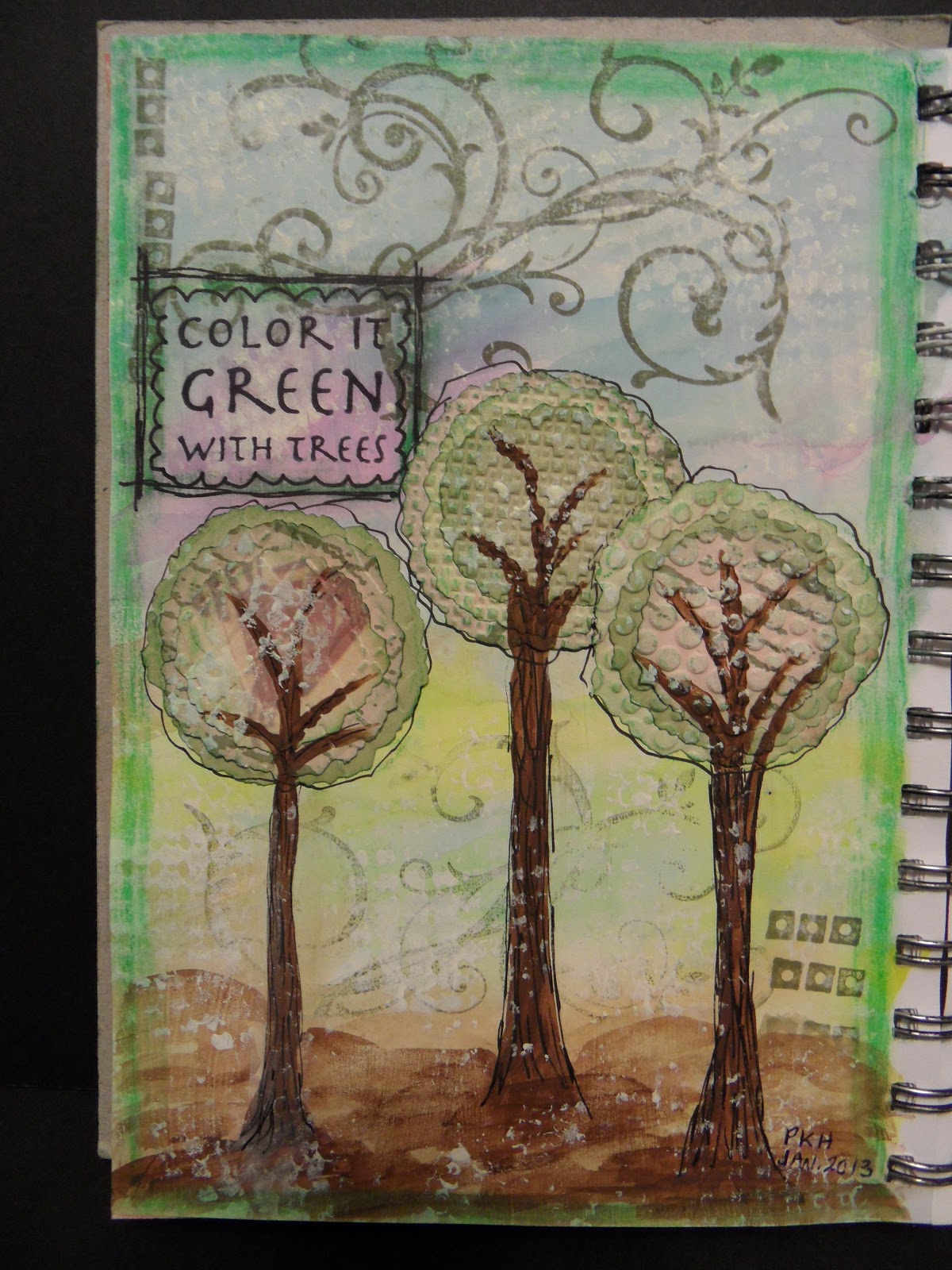Trish's Artistic Adventures Tree Art Journal Color it Green