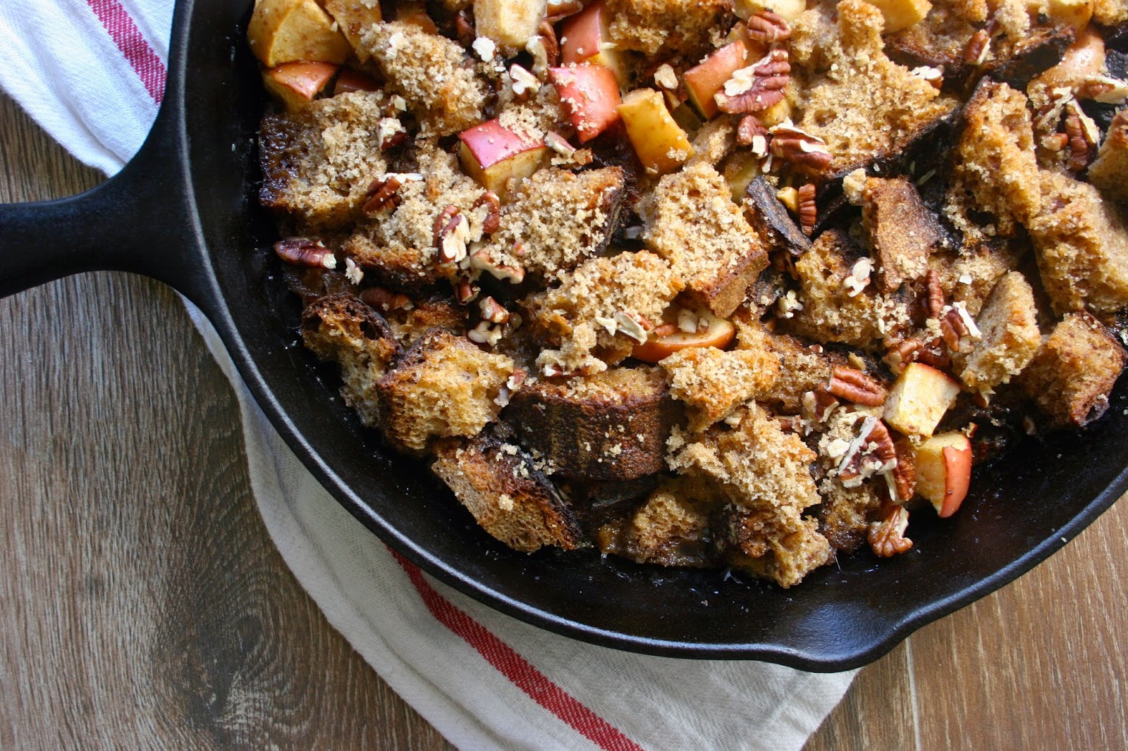 Whole Grain Bread Pudding with Apples & Pecan Streusel in Cast Iron Skillet