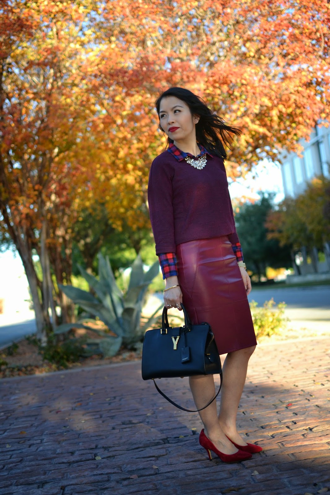 layered%2Bsweater%2Bover%2Bplaid%2Bshirt-plaid%2Bshirt-burgundy%2Bsweater-ASOS%2Bfaux%2Bleather%2Bskirt-leather%2Bshirt-Saint%2BLaurent%2BY-Ligne%2BCabas%2Bbag-statement%2Bnecklace-red%2Blipstick-holiday%2B(8).JPG