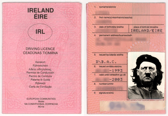 An Irish driving licence, where the photo ID is of Adolf Hitler merged with Che Guevara
