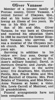 Olivier Vanasse 1944 obituary