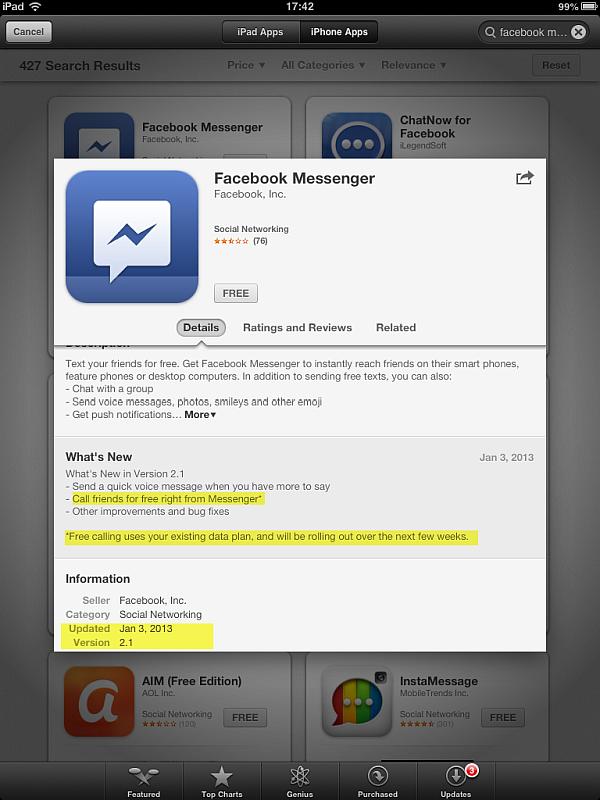 iPhone Contacts Facebook Messenger for iPhone to feature free calling