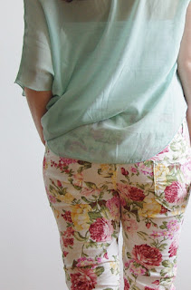 [Fashion] The Floral Pants! Mint Chiffon Top, Jeans Jacket / Beige Leather Jacket / Mint Coat