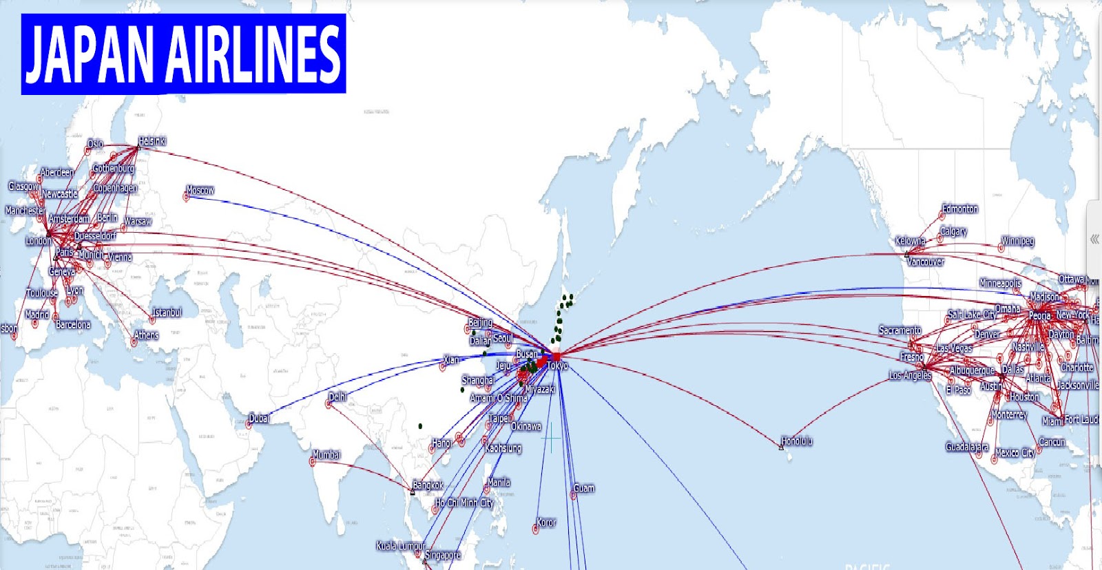 international flights Japan Airlines route map