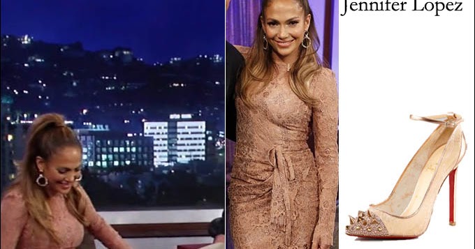 WHAT SHE WORE: Jennifer Lopez in nude lace dress with gold leather and lace  spiked pumps on Jimmy Kimmel Live ~ I want her style - What celebrities  wore and where to