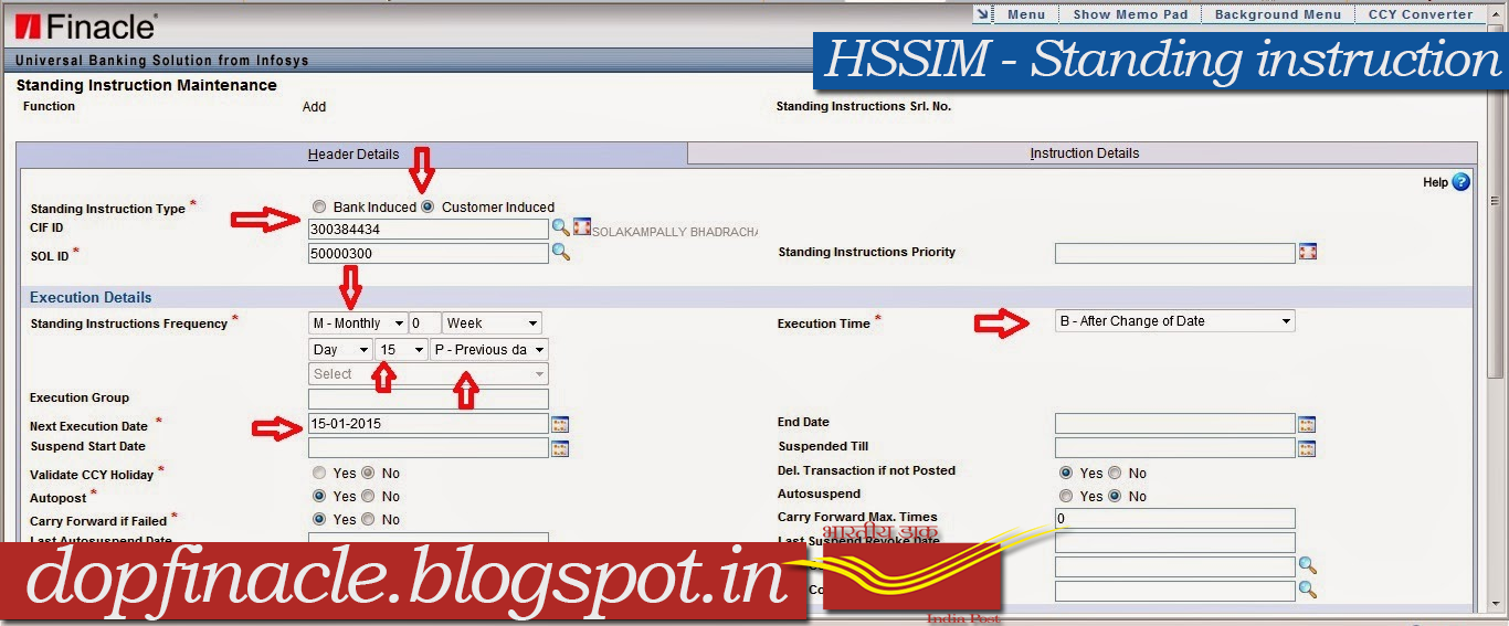 Standing Instruction for RD Accounts in DOP Finacle PO TOOLS