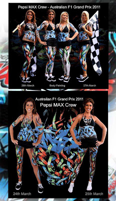 Lynne's FACEMAGIC Melbourne body painting clients Telstra, Vodafone, Australian F1 Grand Prix, St Kilda AFL, Australain Open, Honda Racing, Mastercard MASTERS media Launch