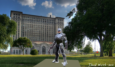 robocop statue in detroit, train station, wayne state campus, look like