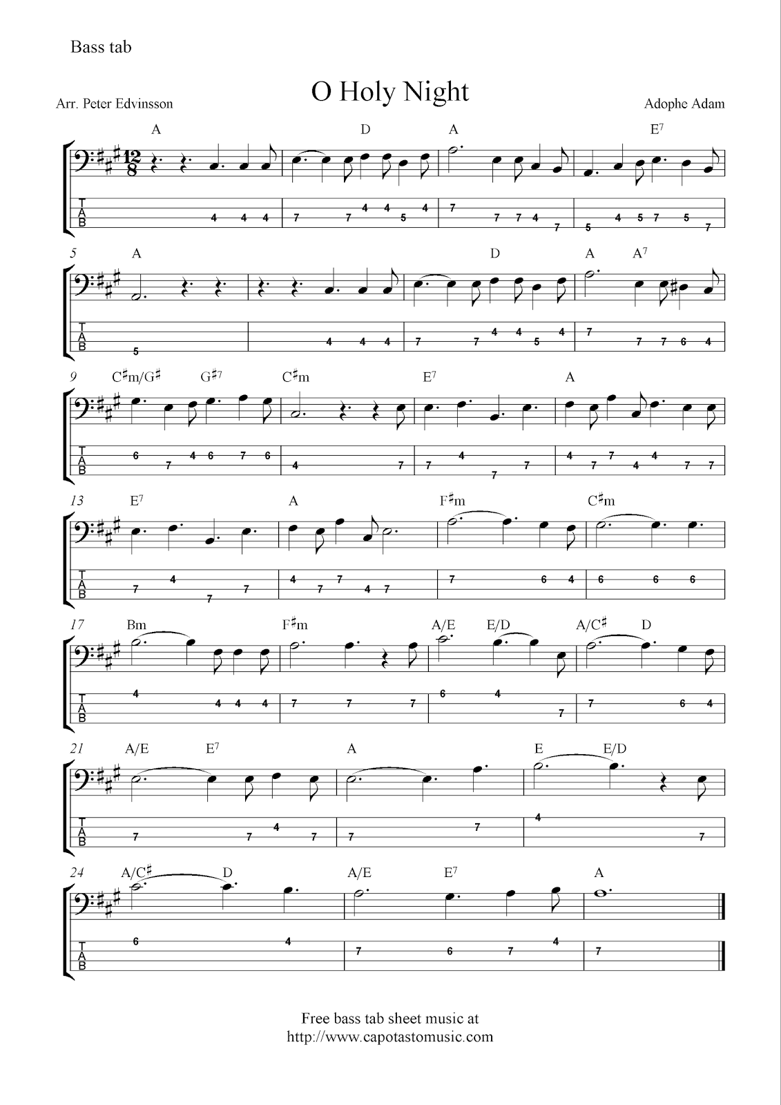 O Holy Night, free Christmas bass tab sheet music notes