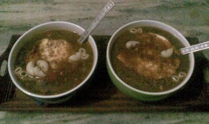 chicken soup with macaroni and poached egg on top, one of my favorite dinners..