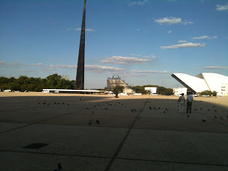 people standing in a square with birds in the background