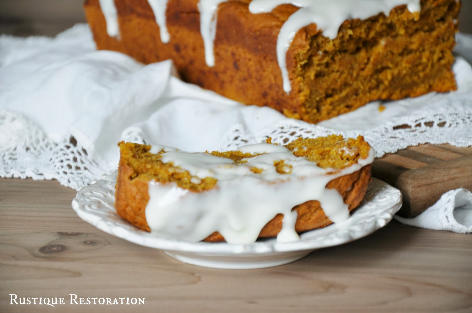 Rustique Restoration Cinnamon Pumpkin Bread with Cream Cheese Glaze