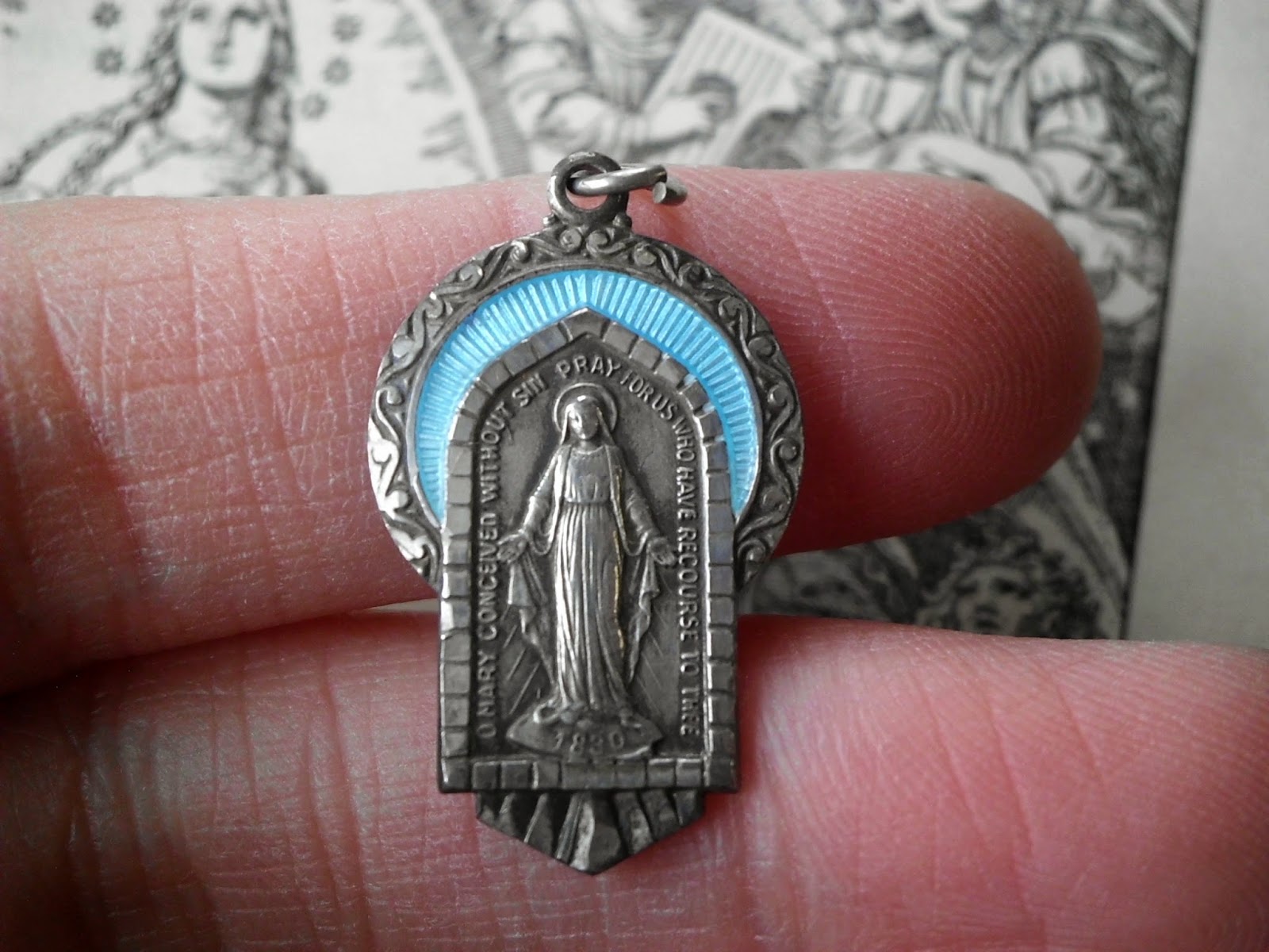Vintage Religious Medals Vintage Sterling Blue Enamel Virgin Mary