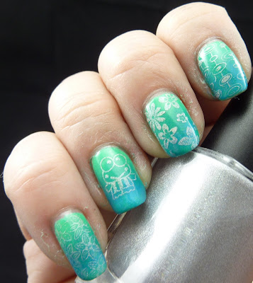 Silver stamping over Green to Blue Gradient Manicure