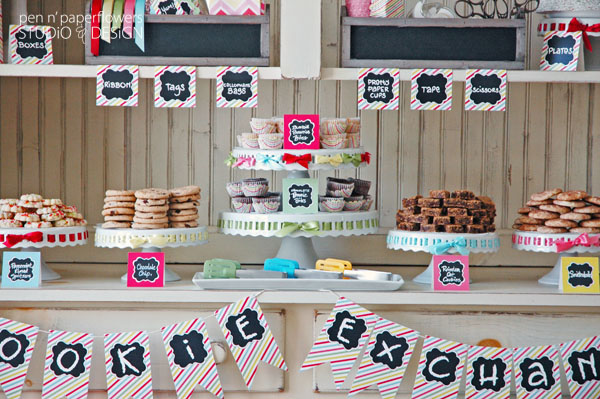 pen paper flowers styling cookie exchange or bake bake sale display ideas