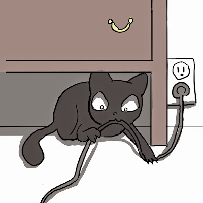 Batman cat chewing on wire