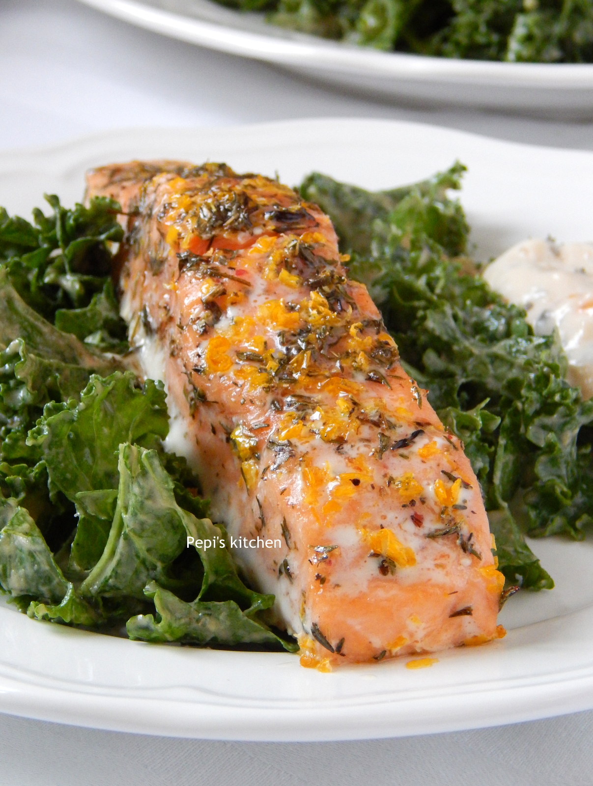 Pepi's kitchen in english Baked Salmon with Kale Salad and Sesame Oil
