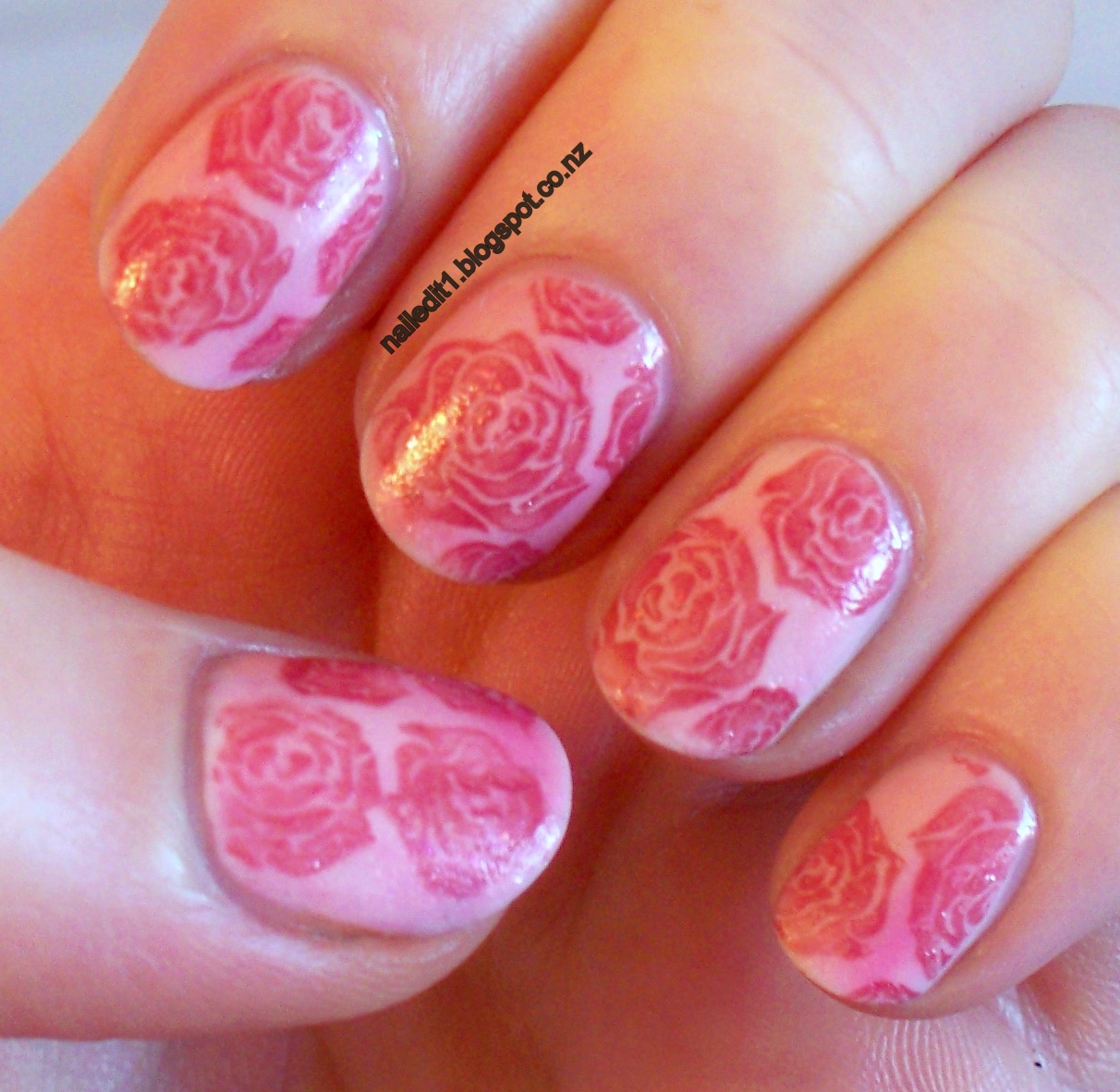 Pink Roses nail stamping