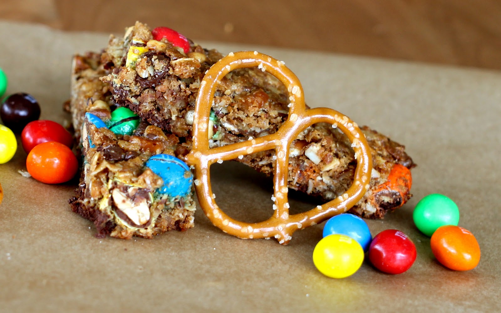 Yammie's Noshery Peanut Butter Pretzel Granola Bars with Peanut M&Ms