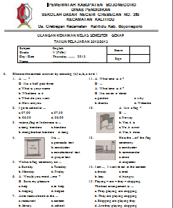 Soal ulangan bahasa inggris sd kelas 6 Soal ulangan bahasa inggris sd kelas 6