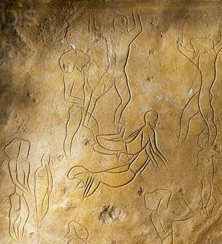 線刻画,line drawing carved into the rock in Addaura cave　