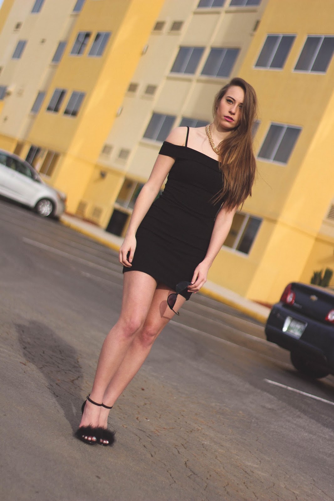 Retro Black and Gold Outfit, Black Off the Shoulder Dress, Lana del Rey Style, Californication, Fashion Blogger