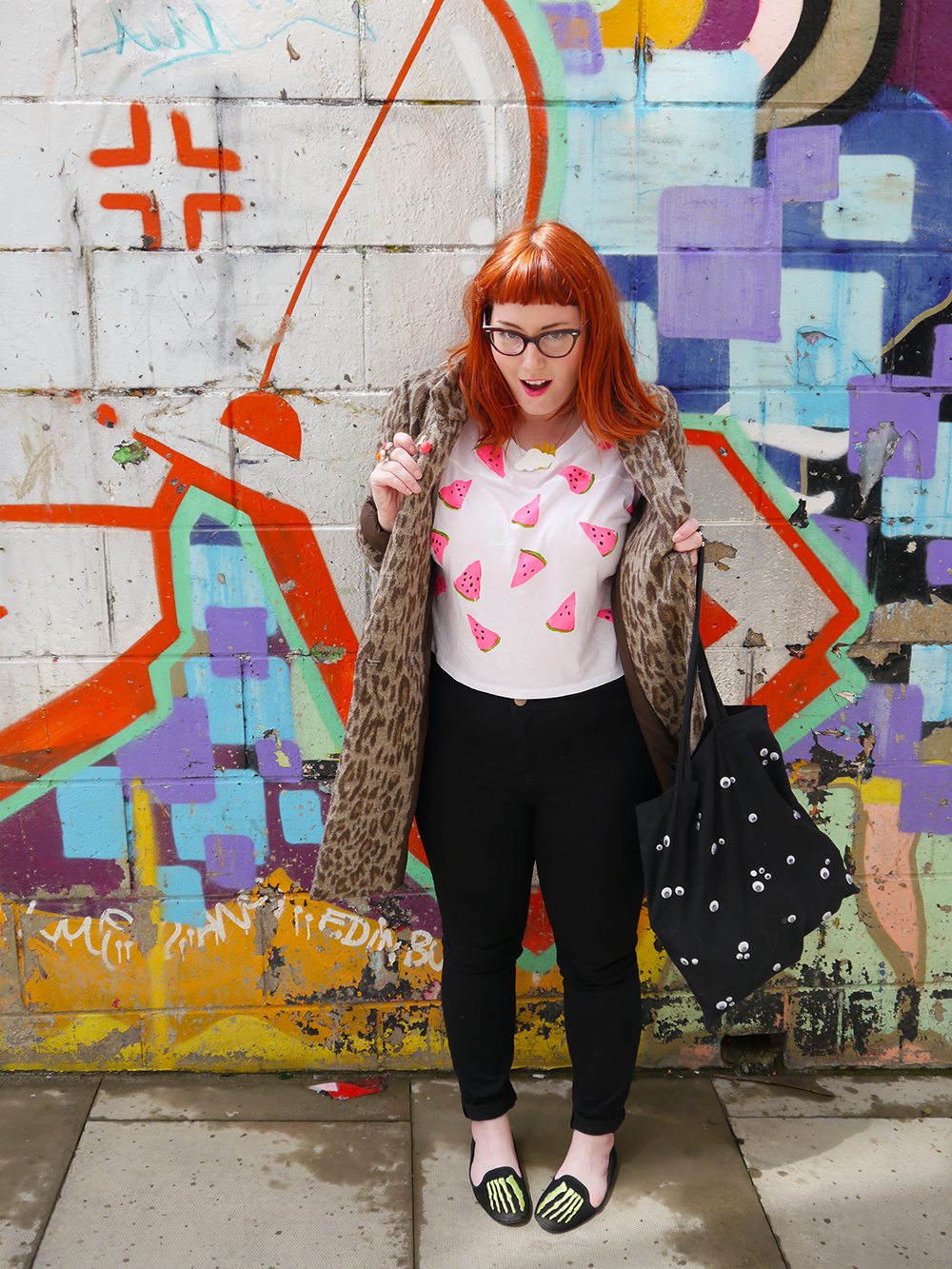 Etsy Craft Party, Edinburgh, crafting, diy project, DIY fashion, watermelon print, Warehouse Leopard print coat, New Look jeans, Youth Rise Up skeleton shoes, Sugar and Vice, Sugar & Vice weather necklace, eye bag, googly eye, Scottish Fashion blogger, fashion blogger, blogging duo
