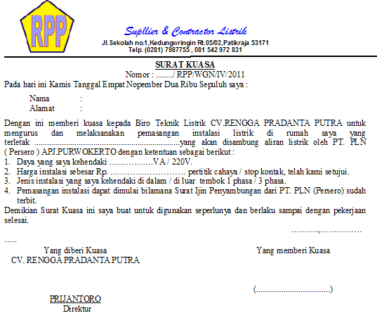 contoh surat kuasa instalasi baru seputar listrik contoh surat kuasa instalasi baru seputar listrik