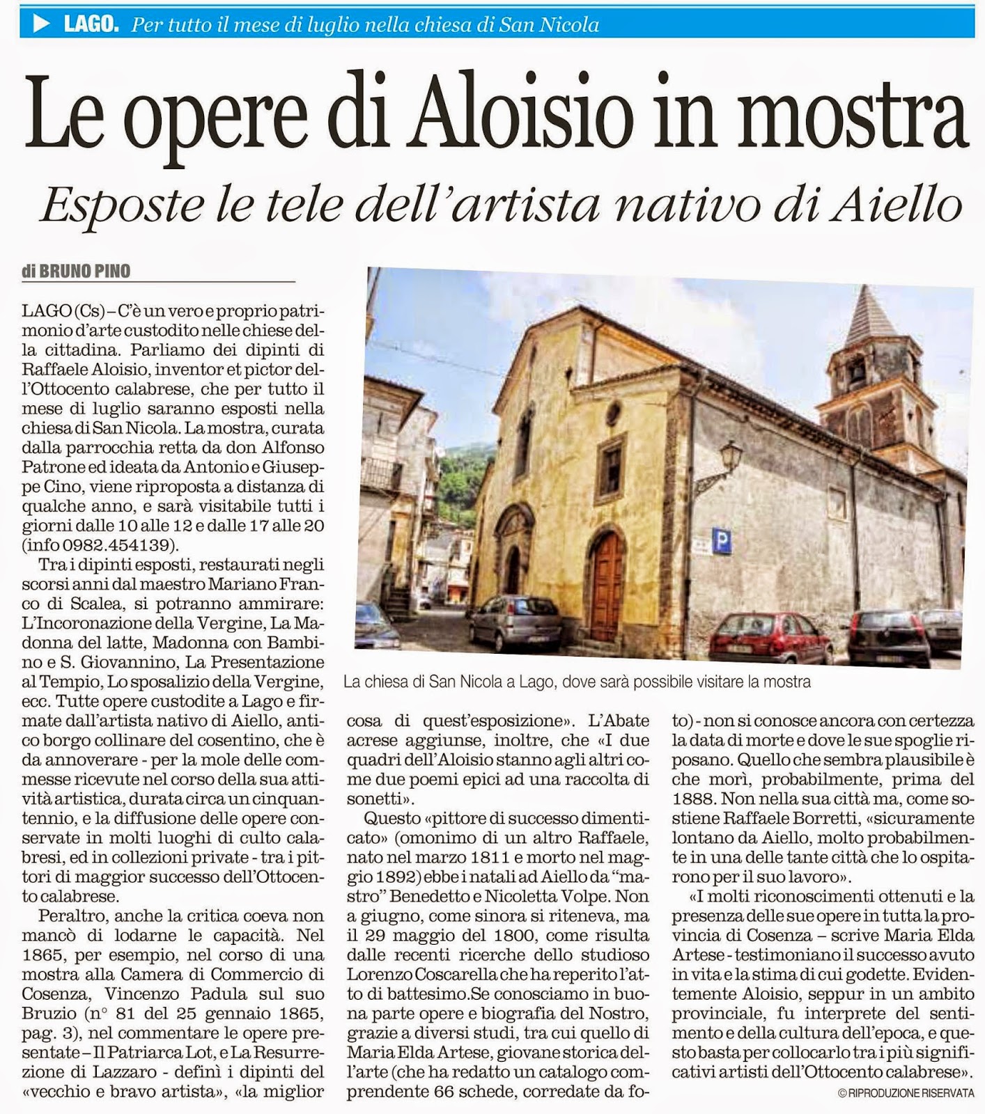 Le opere di Raffaele Aloisio in mostra a Lago per tutto luglio