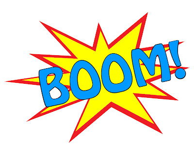 photo of free printable for a superhero party theme that says BOOM with a yellow and red pop background