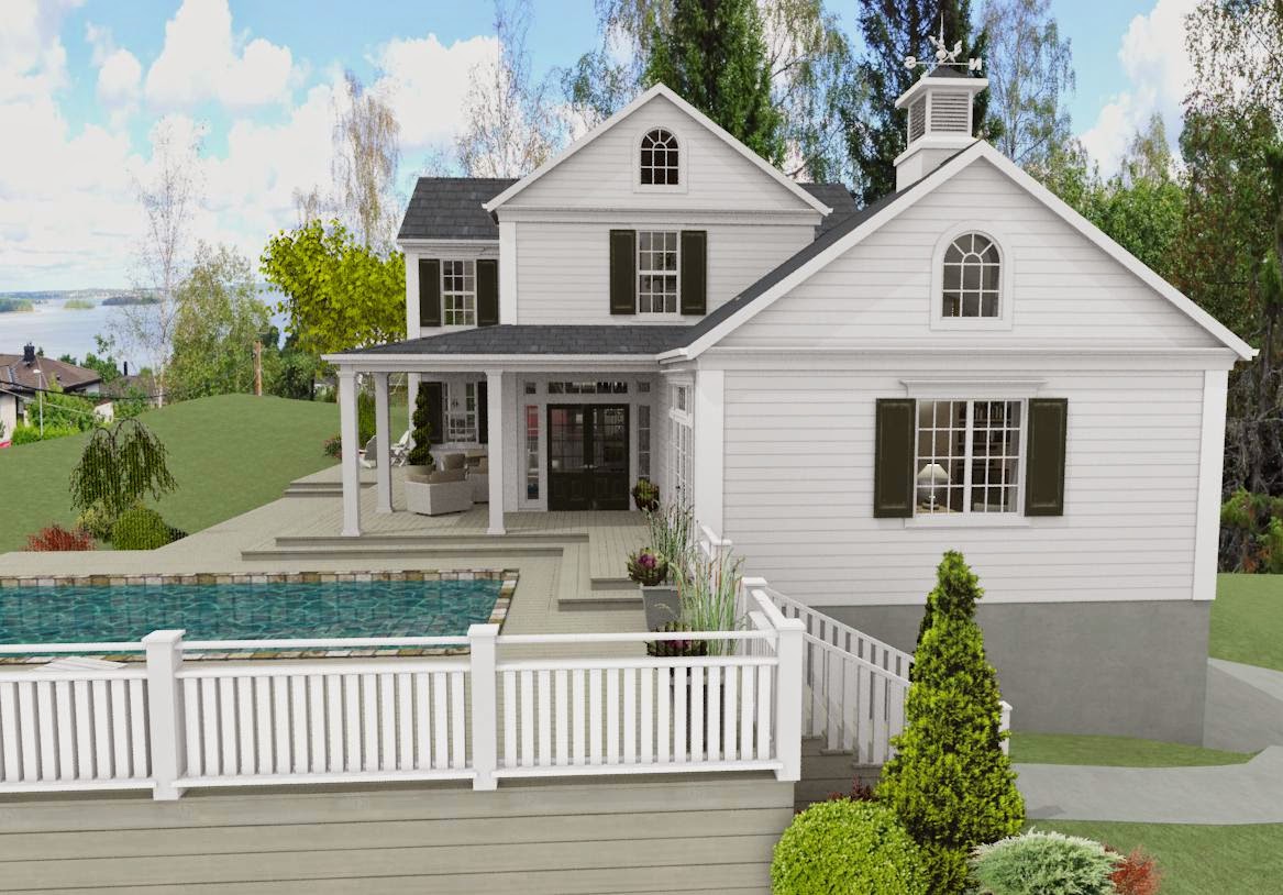Den vita drömgården: new england hus med garage i souterräng delen.