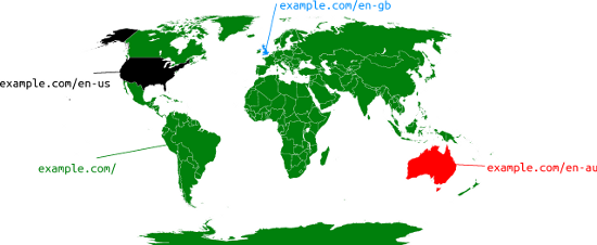 Map of the world illustrating which hreflang code to use for which locale