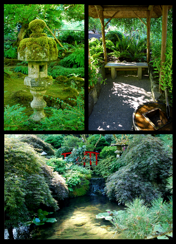 Postcard style 3 views of Butchart Garden's Asian Garden