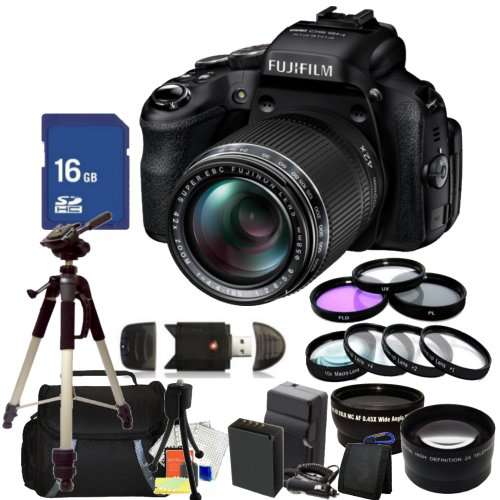 Fujifilm FinePix HS50EXR Digital Camera Kit. Includes: 0.45X Wide Angle Lens, 2X Telephoto Lens, 3 Piece Filter Kit (UV-CPL-FLD), 16GB Memory Card, Extended Life Replacement Battery, Tripod, Carrying Case & More