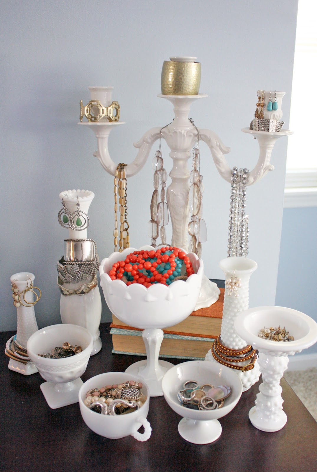 Something to be Found Milk Glass Jewelry Display & Dresser Top Makeover