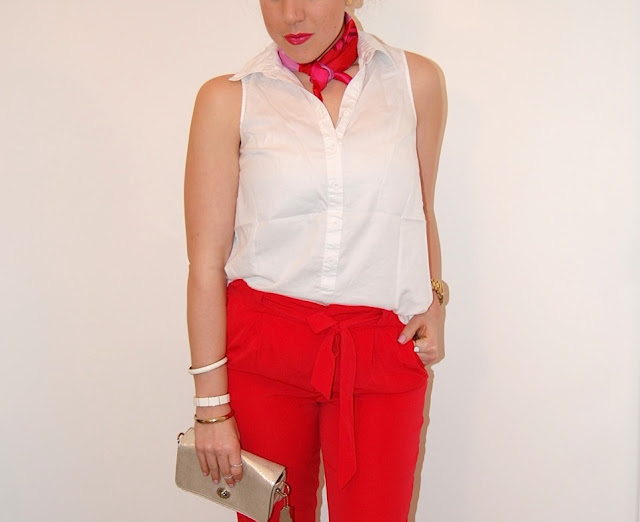 Red harem pants, white blouse, red Zara pumps and a FREYWILLE scarf.