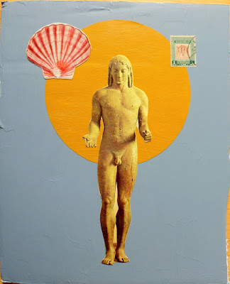 seashell flag ancient greek statue of a male god postage stamp fluxus Dada collage