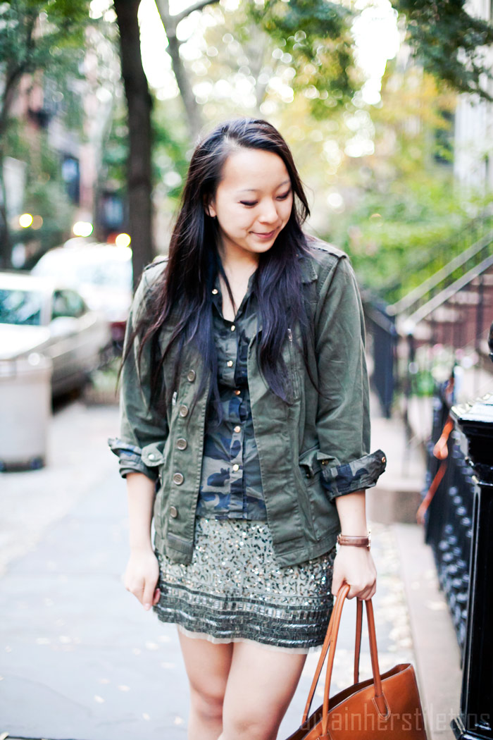 camo button up blouse shirt, topshop military jacket, zara beaded skirt, green monotone dressing, bodhi tote bag, mango leather pumps, new york fashion blog, street style, diya liu